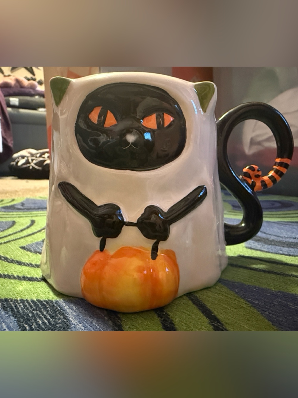 Ceramic Blue Sky Halloween Black Cat Mug with Pumpkin